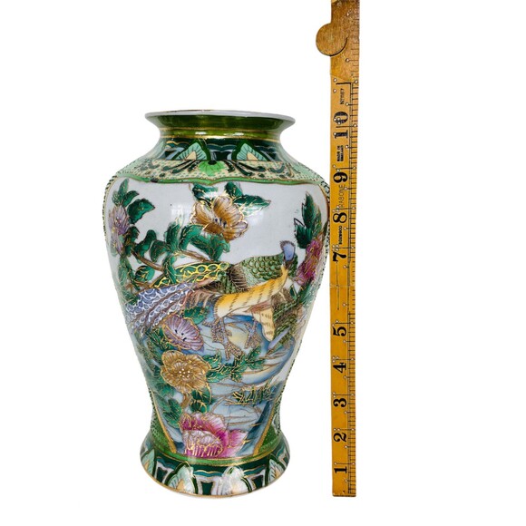 Vintage Early1900s Chinese Hand Painted Moriage Floral Peacock Vase Numbered - Picture 9 of 10